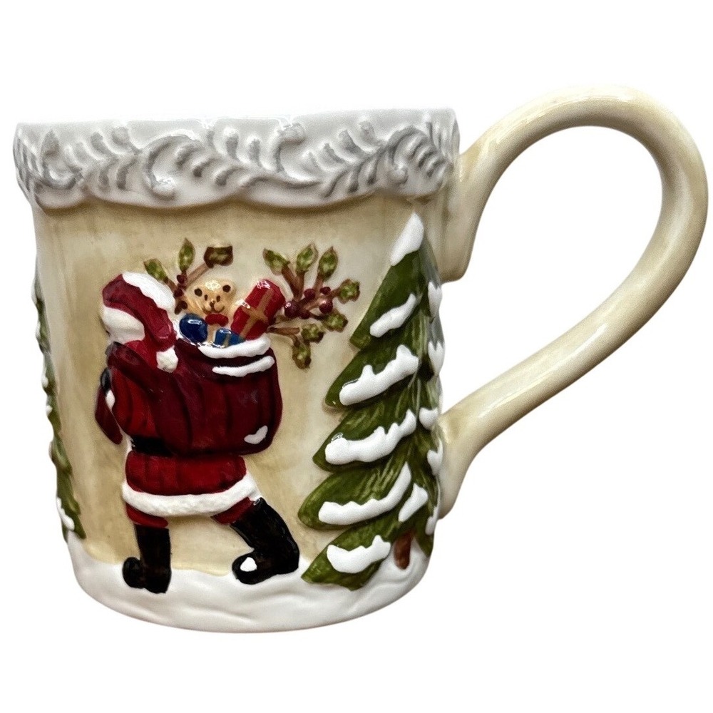 Vintage Mercuries Japan Christmas Mug Santa Tree Embossed Ceramic